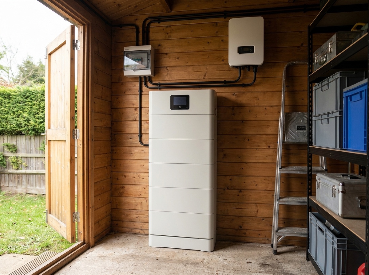 Een modulaire thuisbatterij op de vloer van een houten schuur, met de omvormer en de meterkast aan de muur erboven